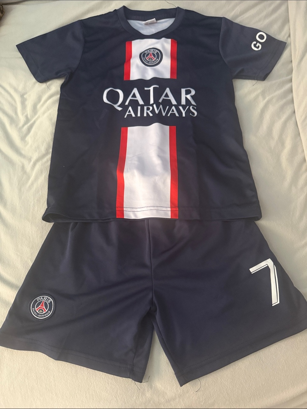 Paris Saint-Germain Kids Soccer Kit - Mbappe #7- Navy with Red & White Stripe